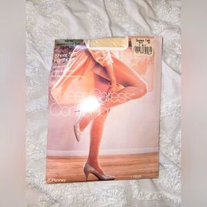 NWT NOS JCPenney Sheer Caress Control Top Pantyhose Bone Color Size Queen Tall